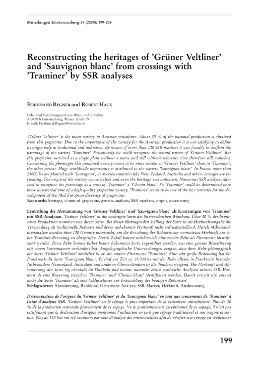 Reconstructing the heritage of 'Grüner Veltliner' and 'Sauvignon blanc' from crossings with 'Traminer' by SSR analysis