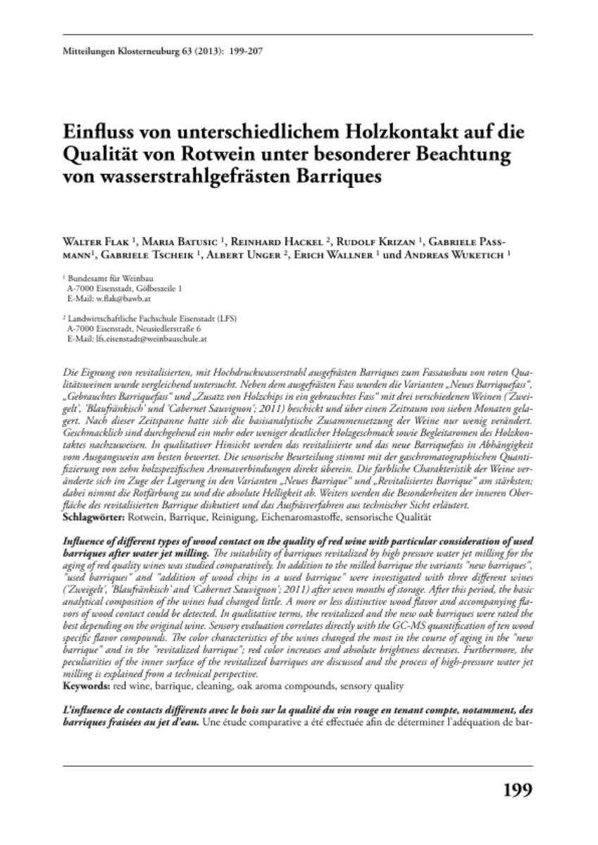 Einfluss von unterschiedlichem Holzkontakt auf die Qualität von Rotwein unter besonderer Beachtung von wasserstrahlgefrästen Barriques