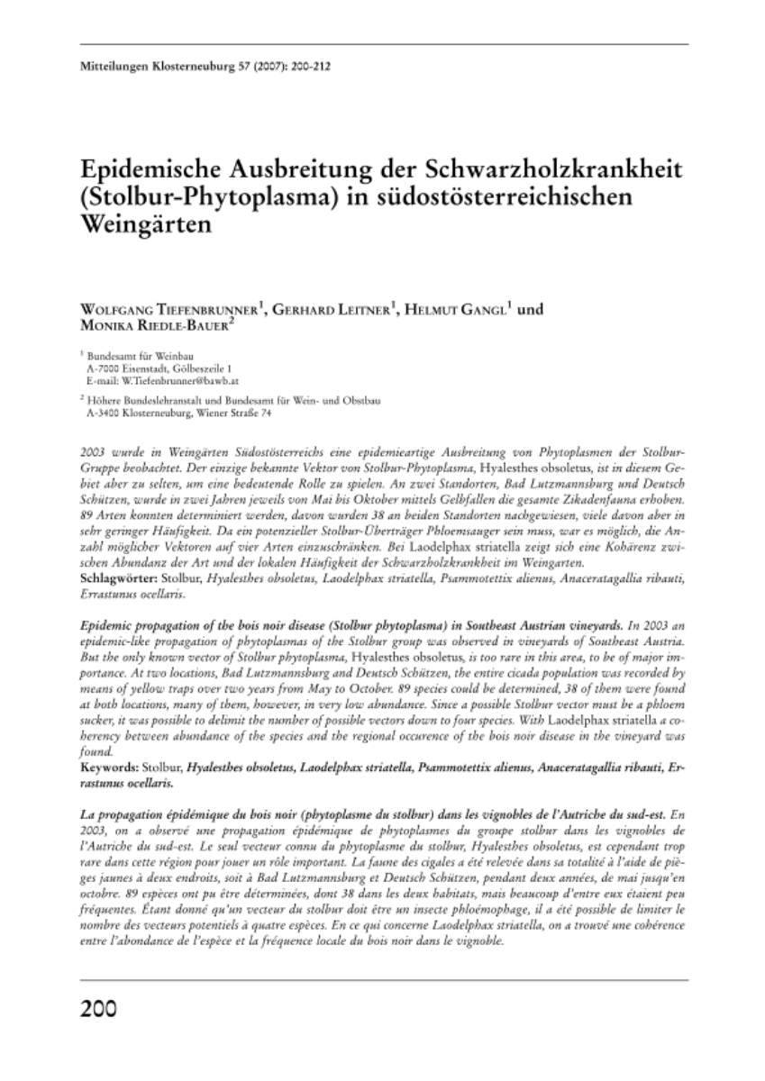 Epidemische Ausbreitung der Schwarzholzkrankheit (Stolbur-Phytplasma) in südösterreichischen Weingärten