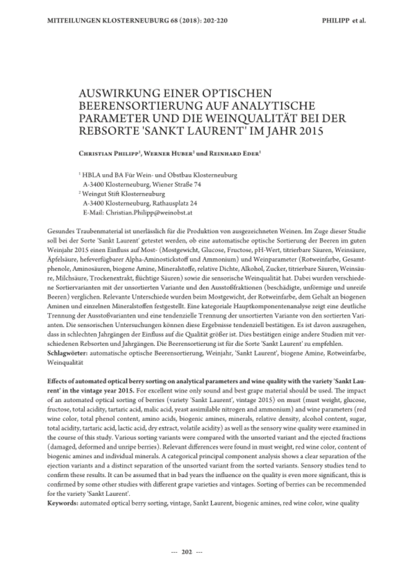 Auswirkung einer optischen Beerensortierung auf analytische Parameter und die Weinqualität bei der Rebsorte ‚Sankt Laurent‘ im Jahr 2015