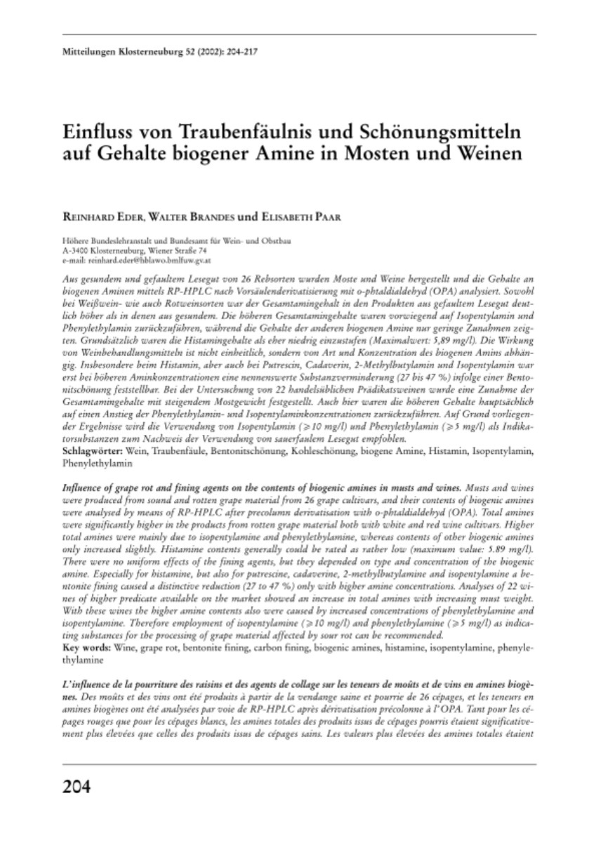 Einfluss von Traubenfäulnis und Schönungsmitteln auf Gehalte biogener Amine in Mosten und Weinen