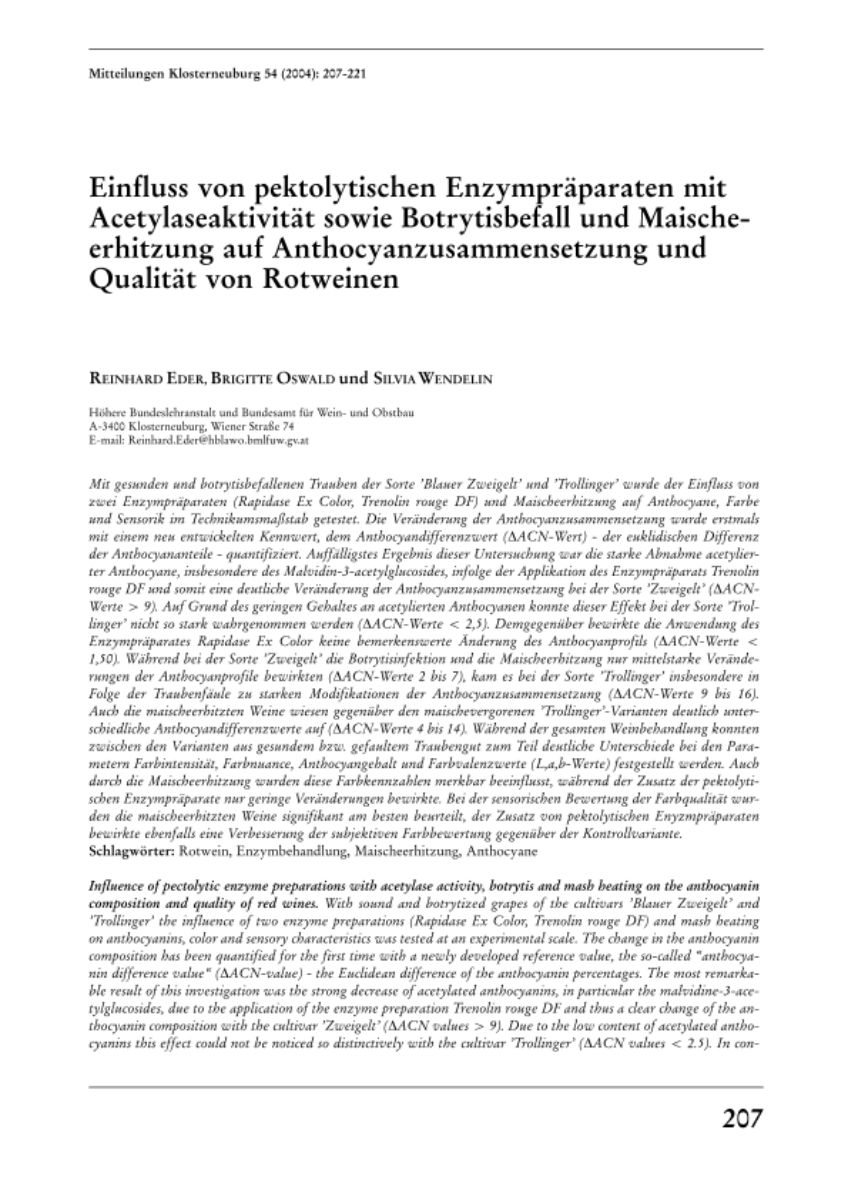 Einfluss von pektolytischen Enzympräparaten mit Acetylaseaktivität sowie Botrytisbefall und Maischeerhitzung auf Anthocyanzusammensetzung und Qualität von Rotweinen