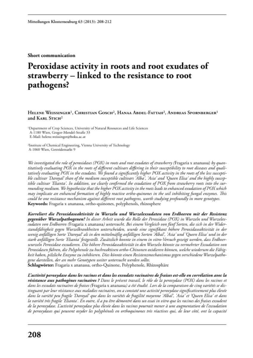 Peroxidase activity in roots and root exudates of strawberry – linked to the resistance to root pathogens?