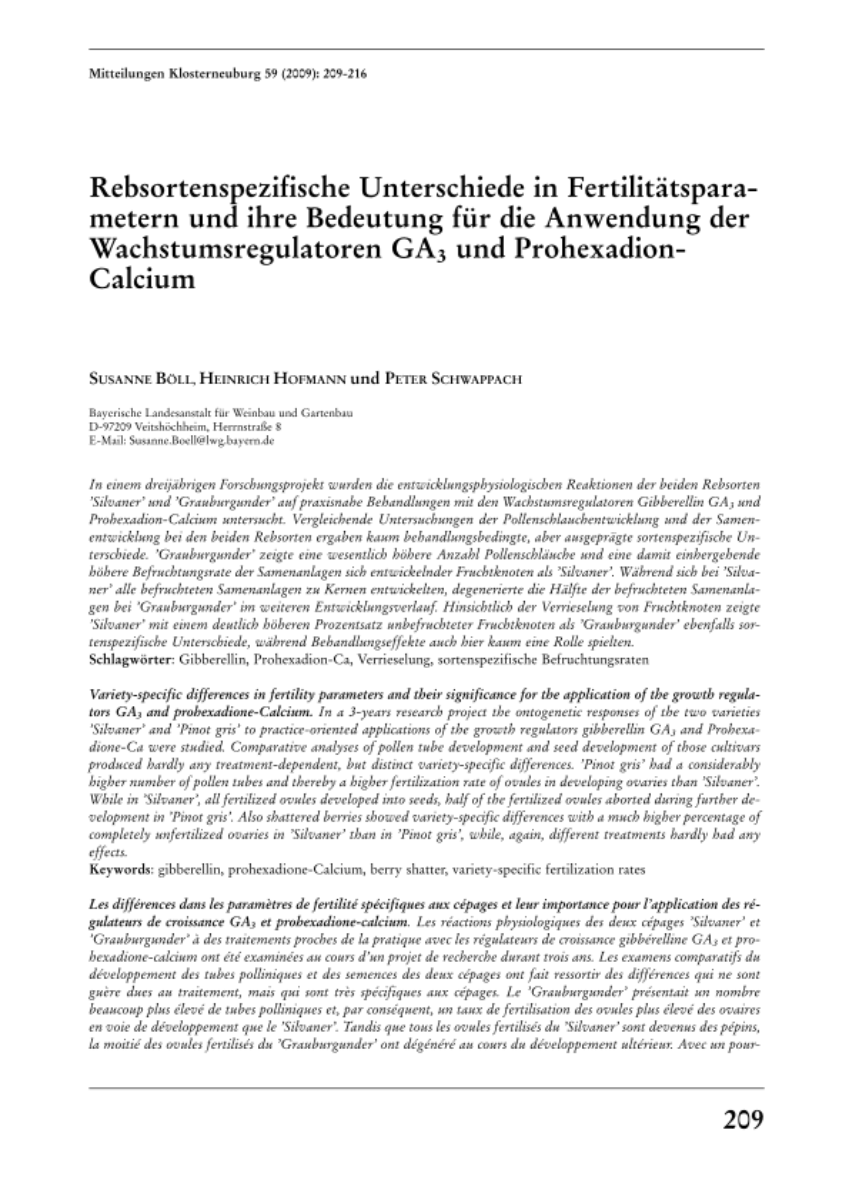 Rebsortenspezifische Unterschiede in Fertilitätsparametern und ihre Bedeutung für die Anwendung der Wachstumsregulatoren GA3 und Prohexadion-Calcium