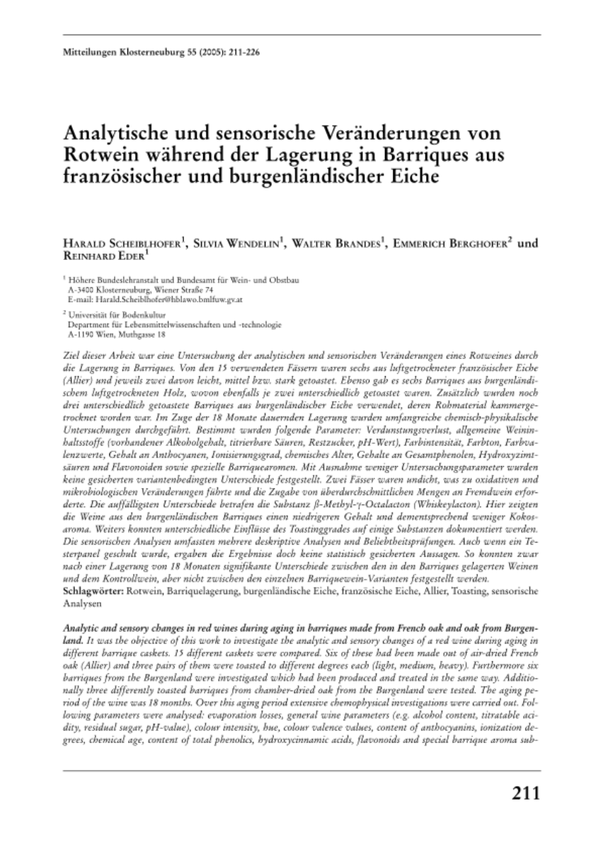 Analytische und sensorische Veränderungen von Rotwein während der Lagerung in Barriques aus französischer und burgenländischer Eiche