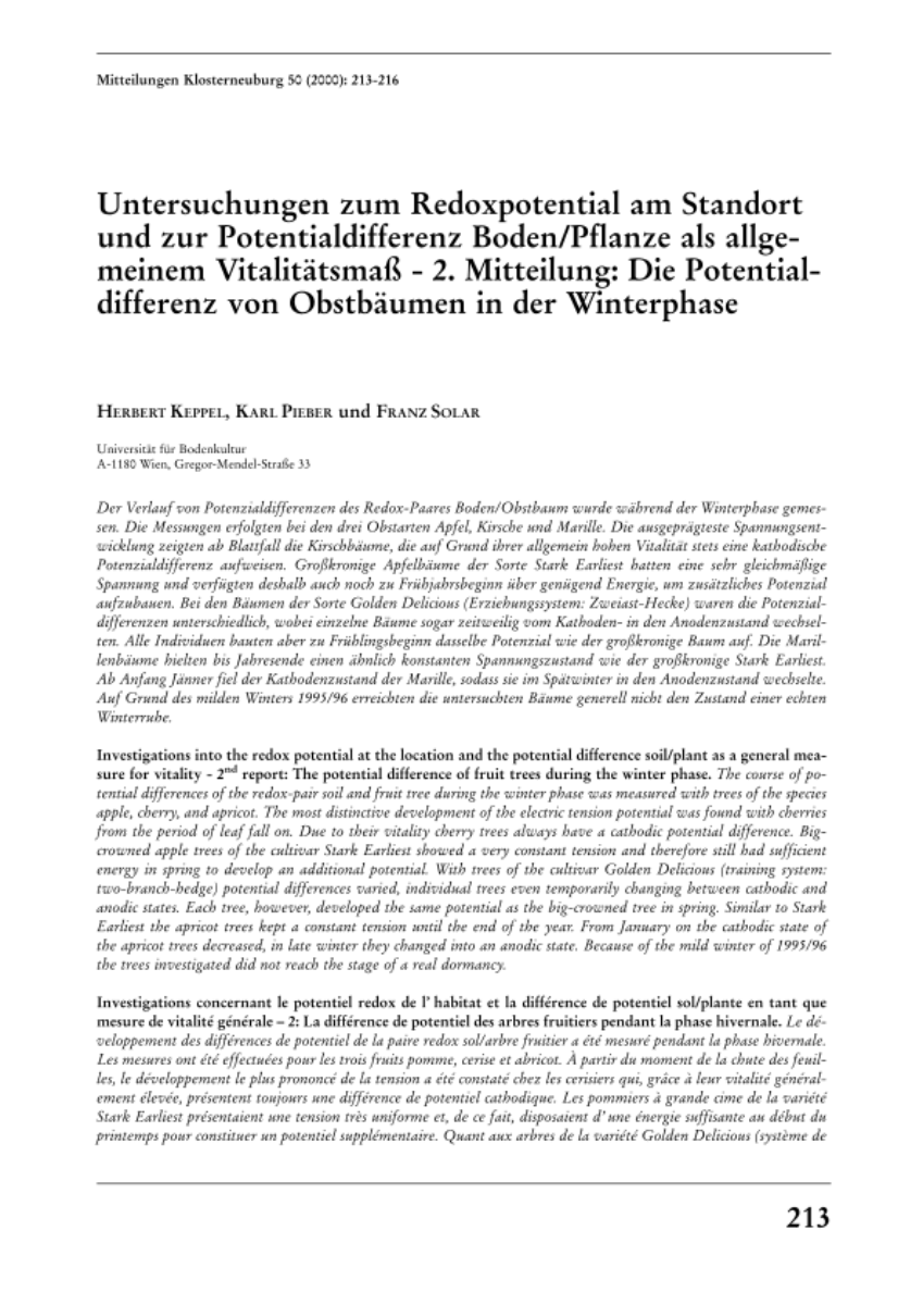 Untersuchungen zum Redoxpotential am Standort und zur Potentialdifferenz Boden/Pflanze als allgemeinem Vitalitätsmaß – 2. Mitteilung: Die Potentialdifferenz von Obstbäumen in der Winterphase