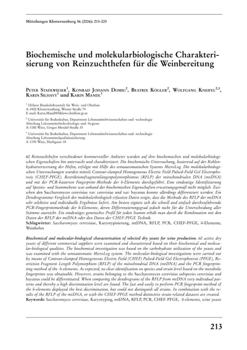 Biochemische und molekularbiologische Charakterisierung von Reinzuchthefen für die Weinbereitung