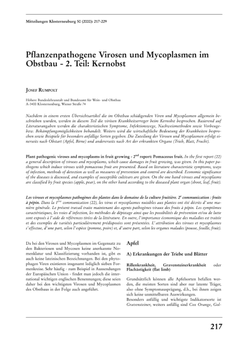 Pflanzenpathogene Virosen und Mycoplasmen im Obstbau – 2. Teil: Kernobst