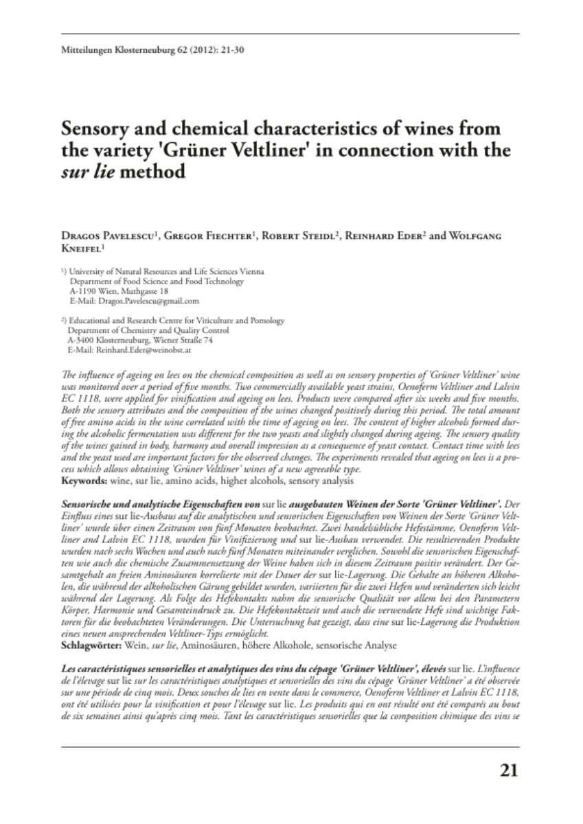 Sensory and chemical characteristics of wines from the variety 'Grüner Veltliner' in connection with the sur lie method