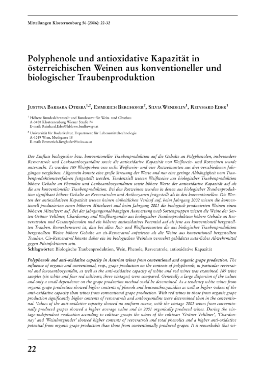 Polyphenole und antioxidative Kapazität in österreichischen Weinen aus konventioneller und biologischer Traubenproduktion