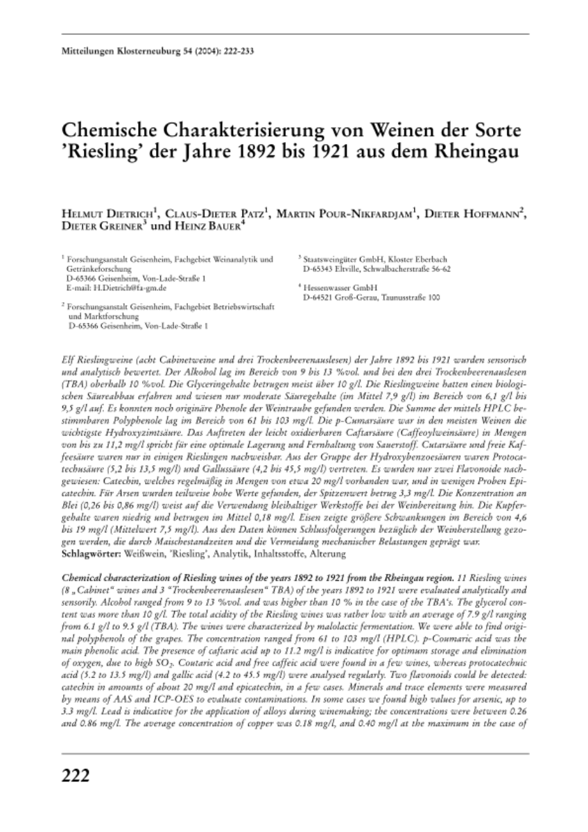 Chemische Charakterisierung von Weinen der Sorte 'Riesling' der Jahre 1892 bis 1921 aus dem Rheingau