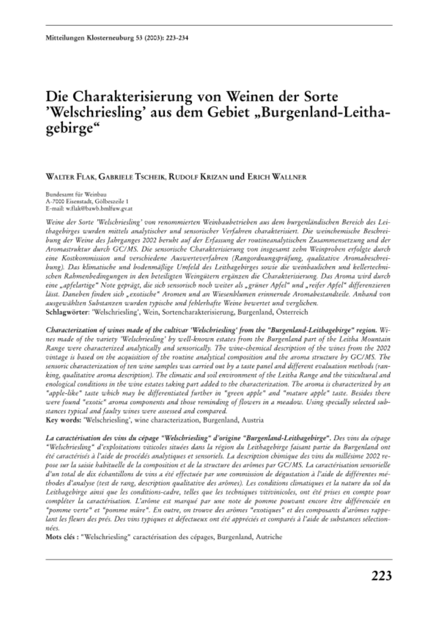 Die Charakterisierung von Weinen der Sorte 'Welschriesling' aus dem Gebiet "Burgenland-Leithagebirge"