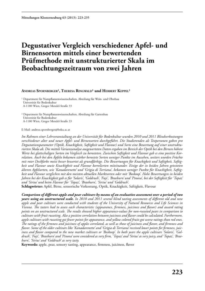 Degustativer Vergleich verschiedener Apfel- und Birnensorten mittels einer bewertenden Prüfmethode mit unstrukturierter Skala im Beobachtungszeitraum von zwei Jahren