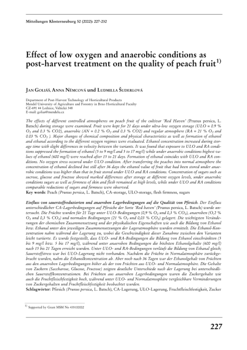 Effect of low oxygen and anaerobic conditions as post-harvest treatment on the quality of peach fruit
