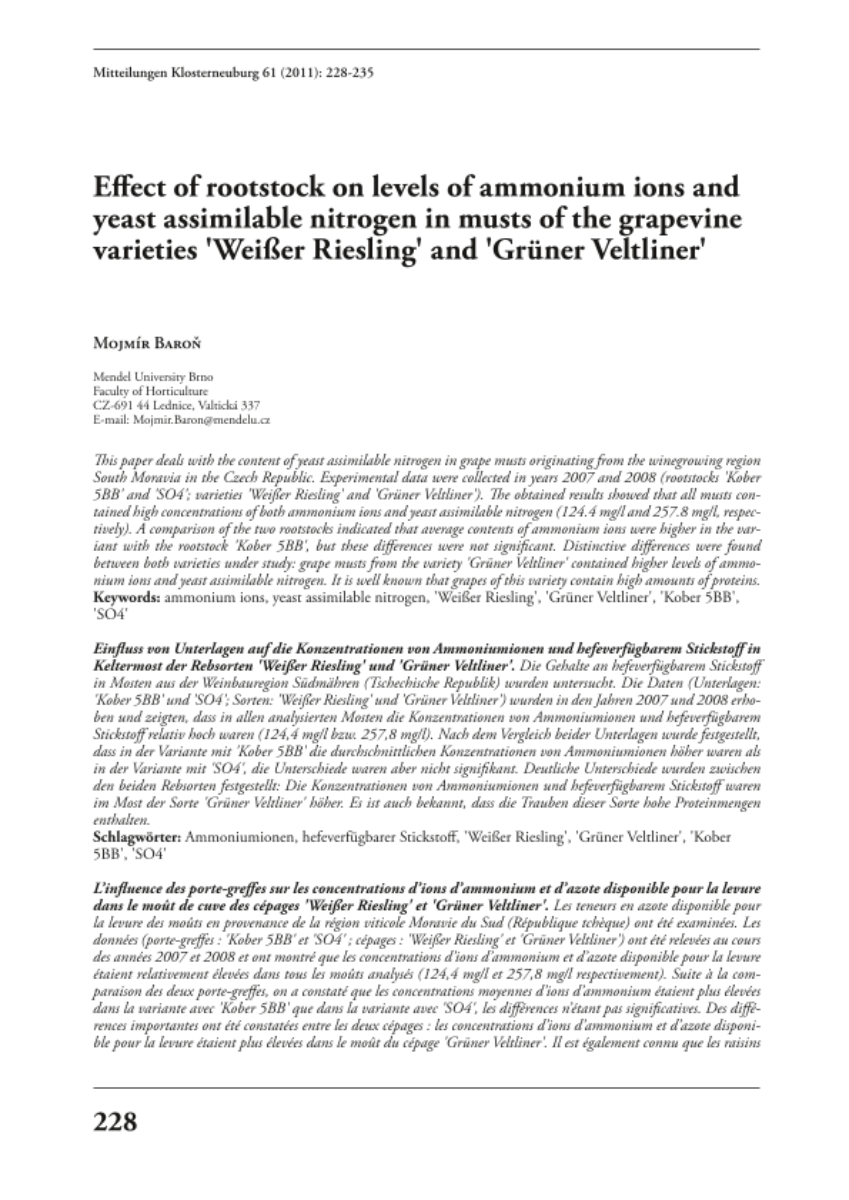 Effect of rootstock on levels of ammonium ions and yeast assimilable nitrogen in musts of the grapevine varieties 'Weißer Riesling' and 'Grüner Veltliner'