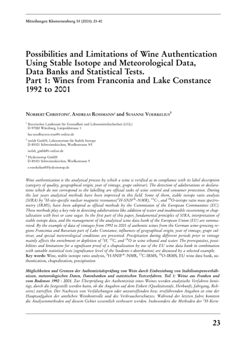 Possibilities and limitations of wine authentication using stable isotope and meteorological data, data banks and statistical tests. Part 1: Wines from Franconia and Lake Constance 1992 to 2001