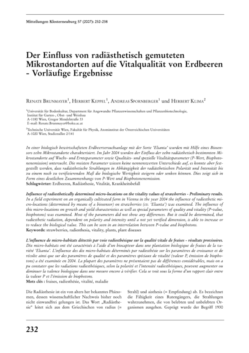 Der Einfluss von radiästhetisch gemuteten Mikrostandorten auf die Vitalqualität von Erdbeeren – Vorläufige Ergebnisse