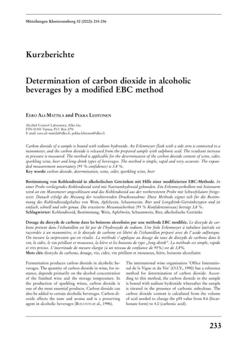 Determination of carbon dioxide in alcoholic beverages by a modified EBC method
