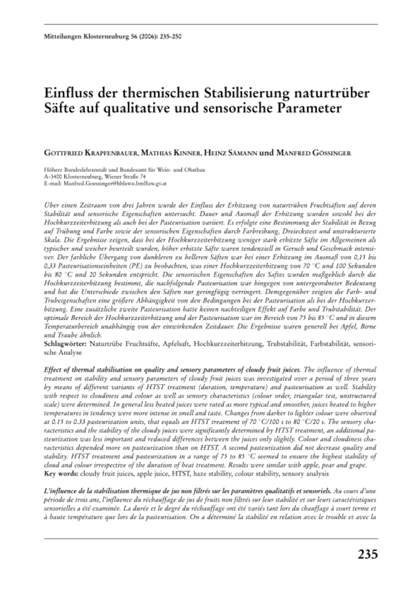 Einfluss der thermischen Stabilisierung naturtrüber Säfte auf qualitative und sensorische Parameter