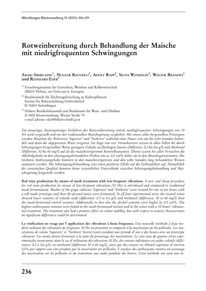 Rotweinbereitung durch Behandlung der Maische mit niedrigfrequenten Schwingungen