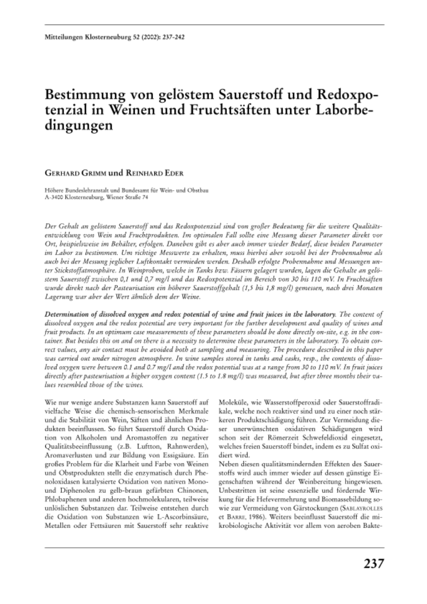 Bestimmung von gelöstem Sauerstoff und Redoxpotenzial in Weinen und Fruchtsäften unter Laborbedingungen