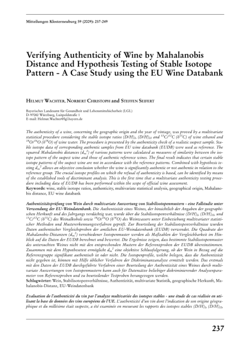 Verifying authentictiy of wine by mahalanobis distance and hypothesis testing of stable isotope pattern - A case study using the EU wine databank