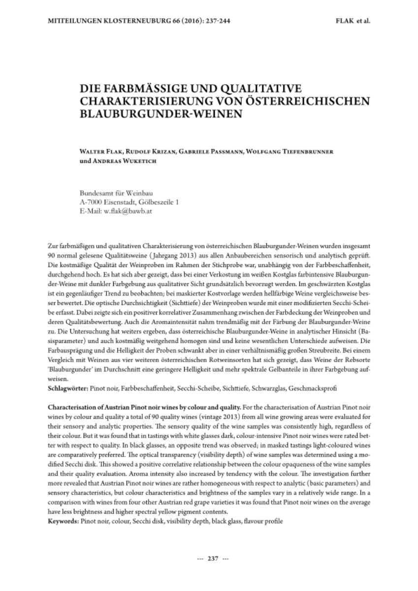 Die farbmäßige und qualitative Charakterisierung von österreichischen Blauburgunder-Weinen