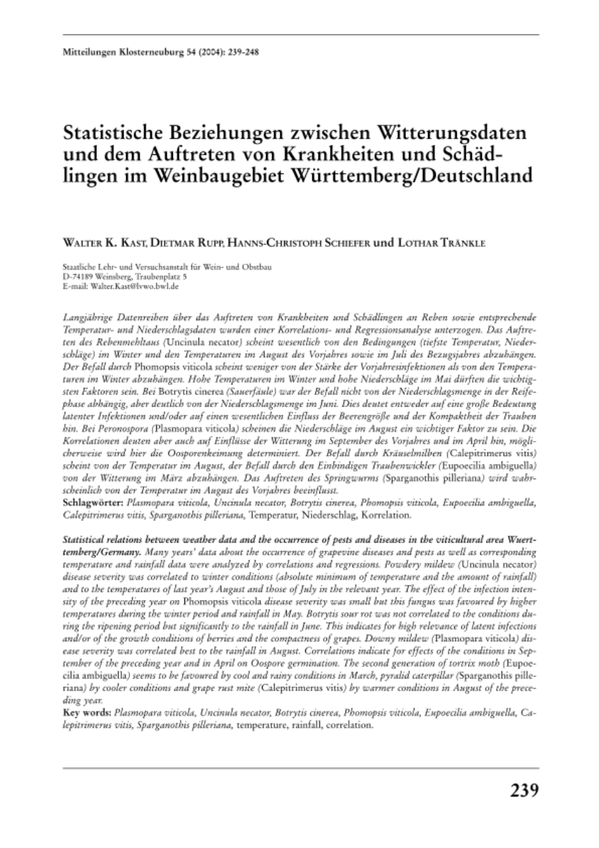 Statistische Beziehungen zwischen Witterungsdaten und dem Auftreten von Krankheiten und Schädlingen im Weinbaugebiet Württemberg/Deutschland