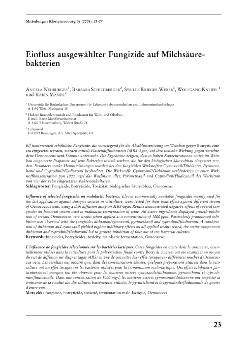 Einfluss ausgewählter Fungizide auf Milchsäurebakterien