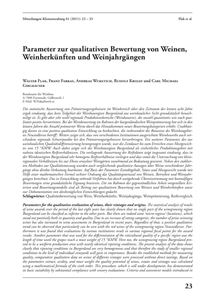 Parameter zur qualitativen Bewertung von Weinen, Weinherkünften und Weinjahrgängen