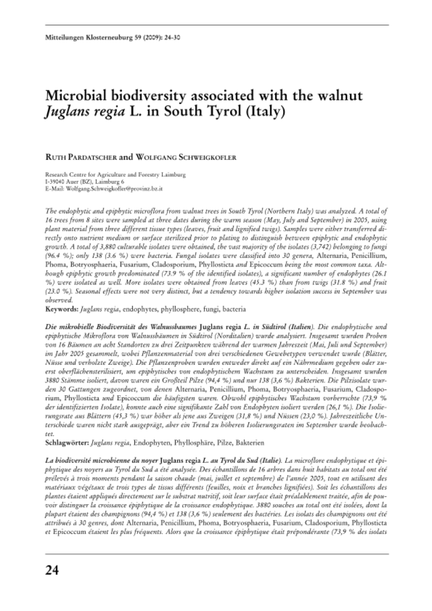 Microbial biodiversity associated with the walnut Juglans regia L. in South Tyrol (Italy)