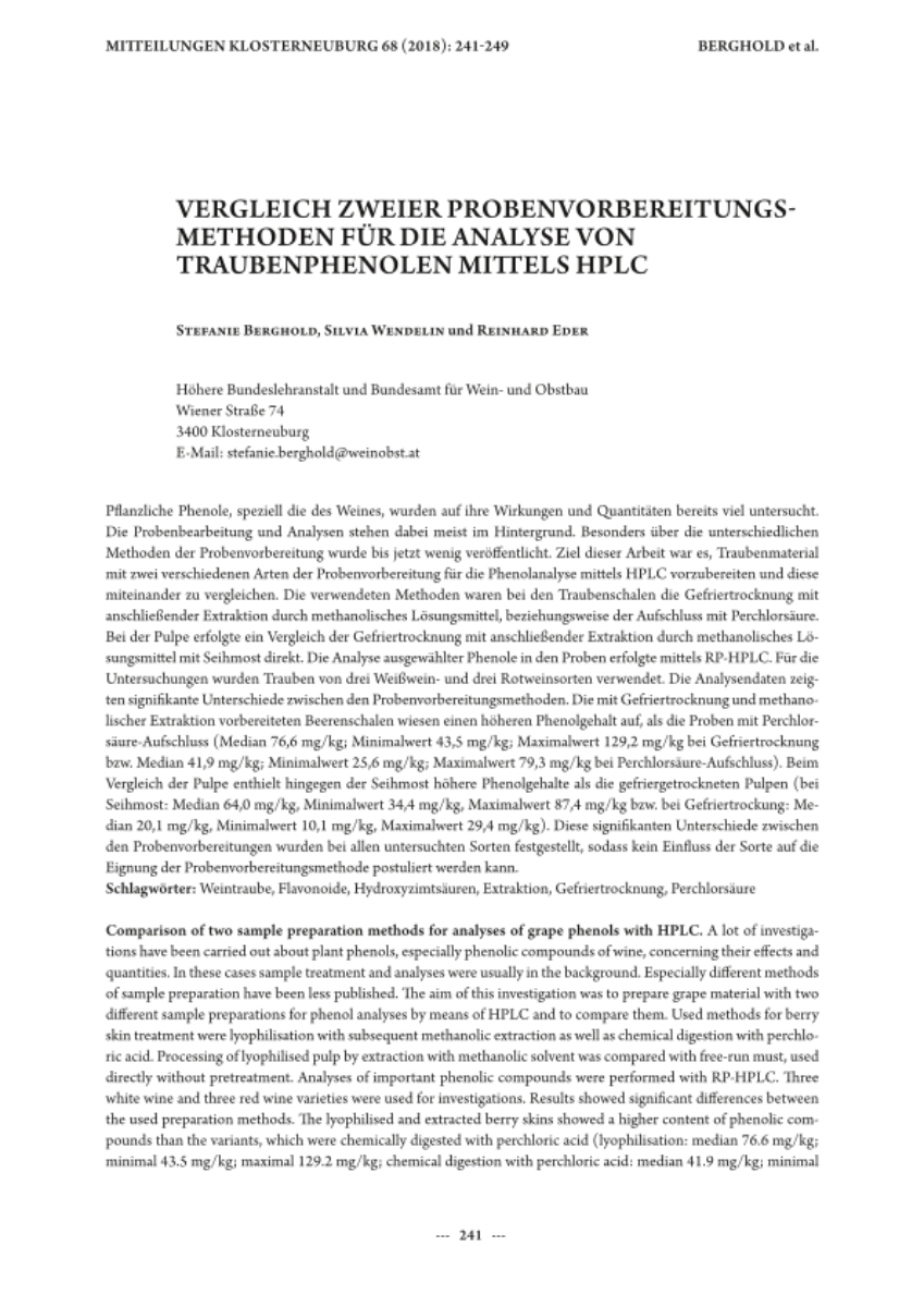 Vergleich zweier Probenvorbereitungsmethoden für die Analyse von Traubenphenolen mittels HPLC