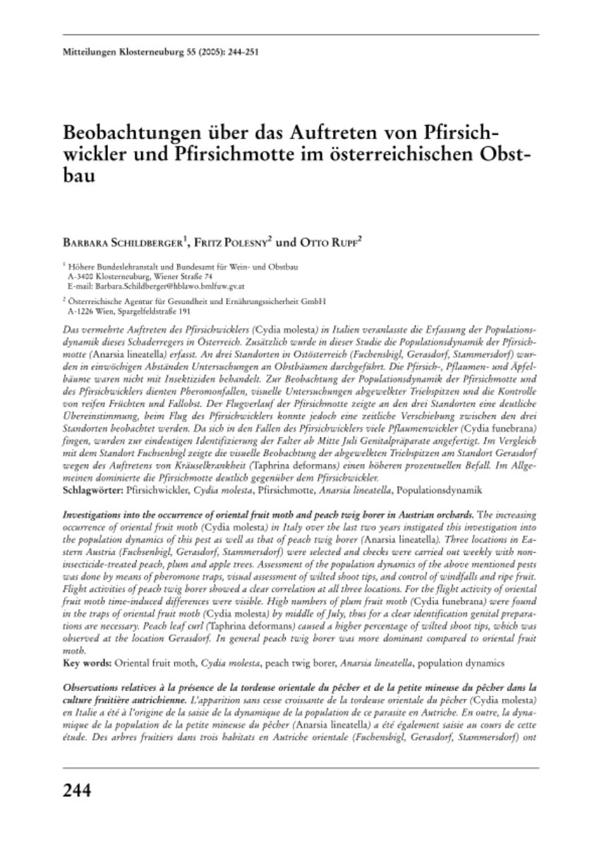Beobachtungen über das Auftreten von Pfirsichwickler und Pfirsichmotte im österreichischen Obstbau