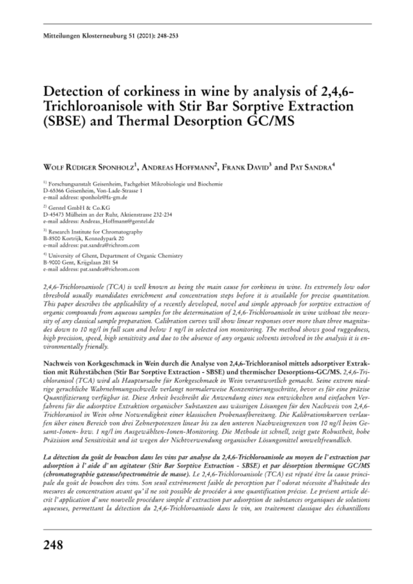 Detection of corkiness in wine by analysis of 2,4,6-Trichloroanisole with Stir Bar Sorptive Extraction (SBSE) and Thermal Desorption GC/MS