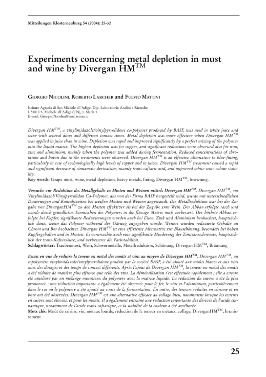 Experiments concerning metal depletion in must and wine by Divergan HM