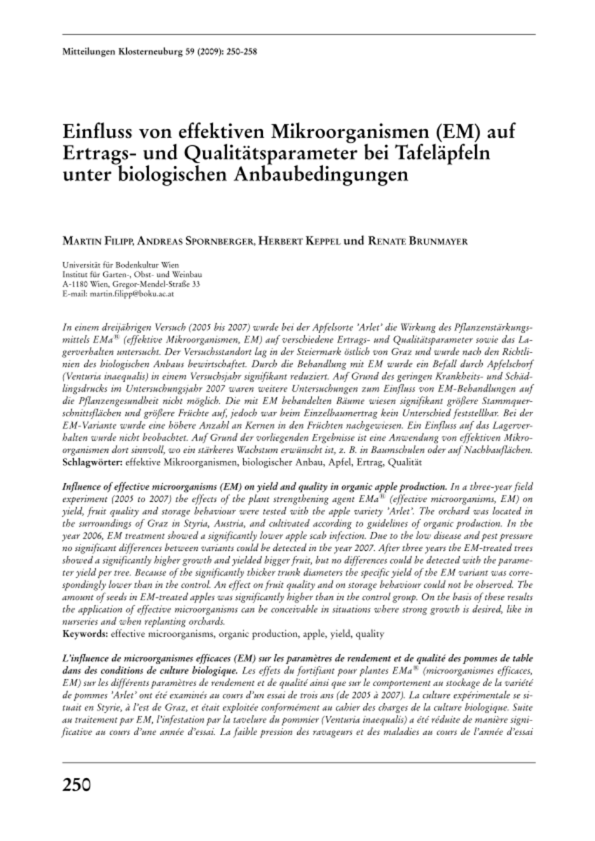 Einfluss von effektiven Mikroorganismen (EM) auf Ertrags- und Qualitätsparameter bei Tafeläpfeln unter biologischen Anbaubedingungen