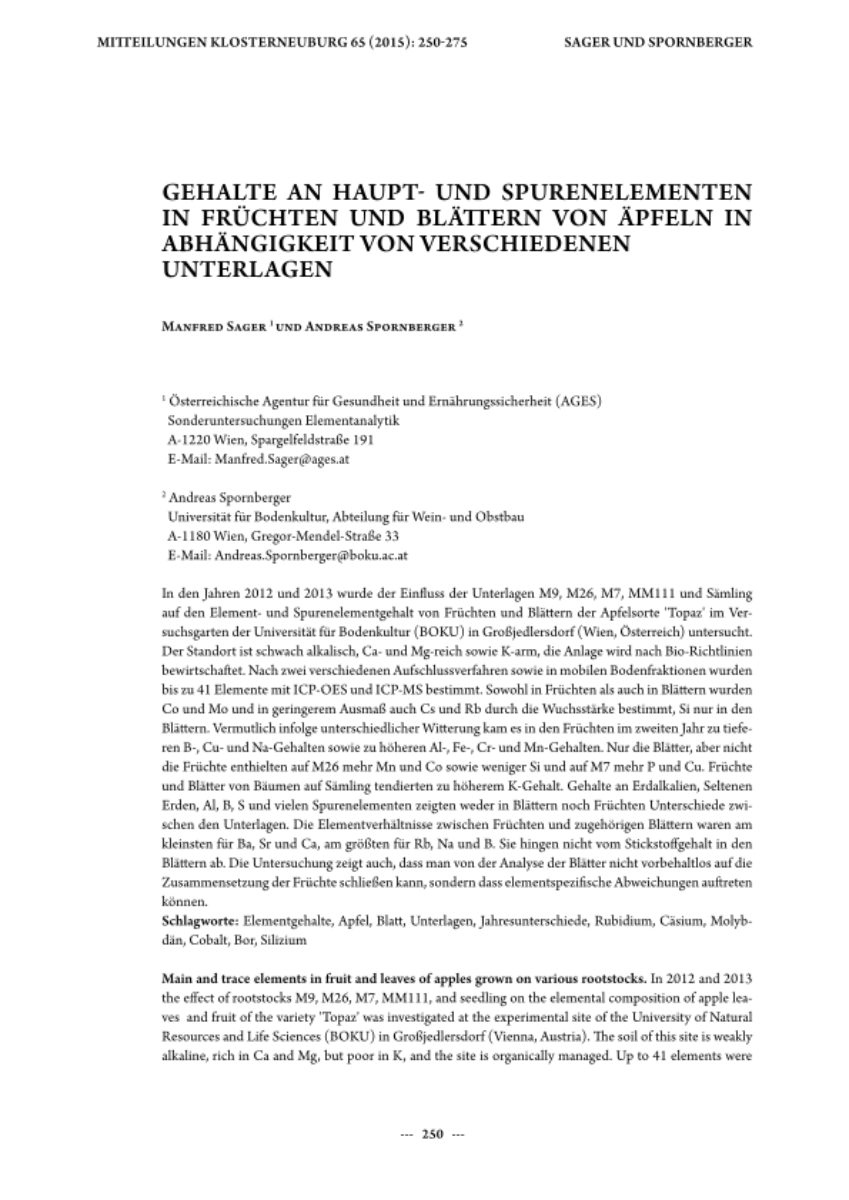 Gehalte an Haupt- und Spurenelementen in Früchten und Blättern von Äpfeln in Abhängigkeit von verschiedenen Unterlagen