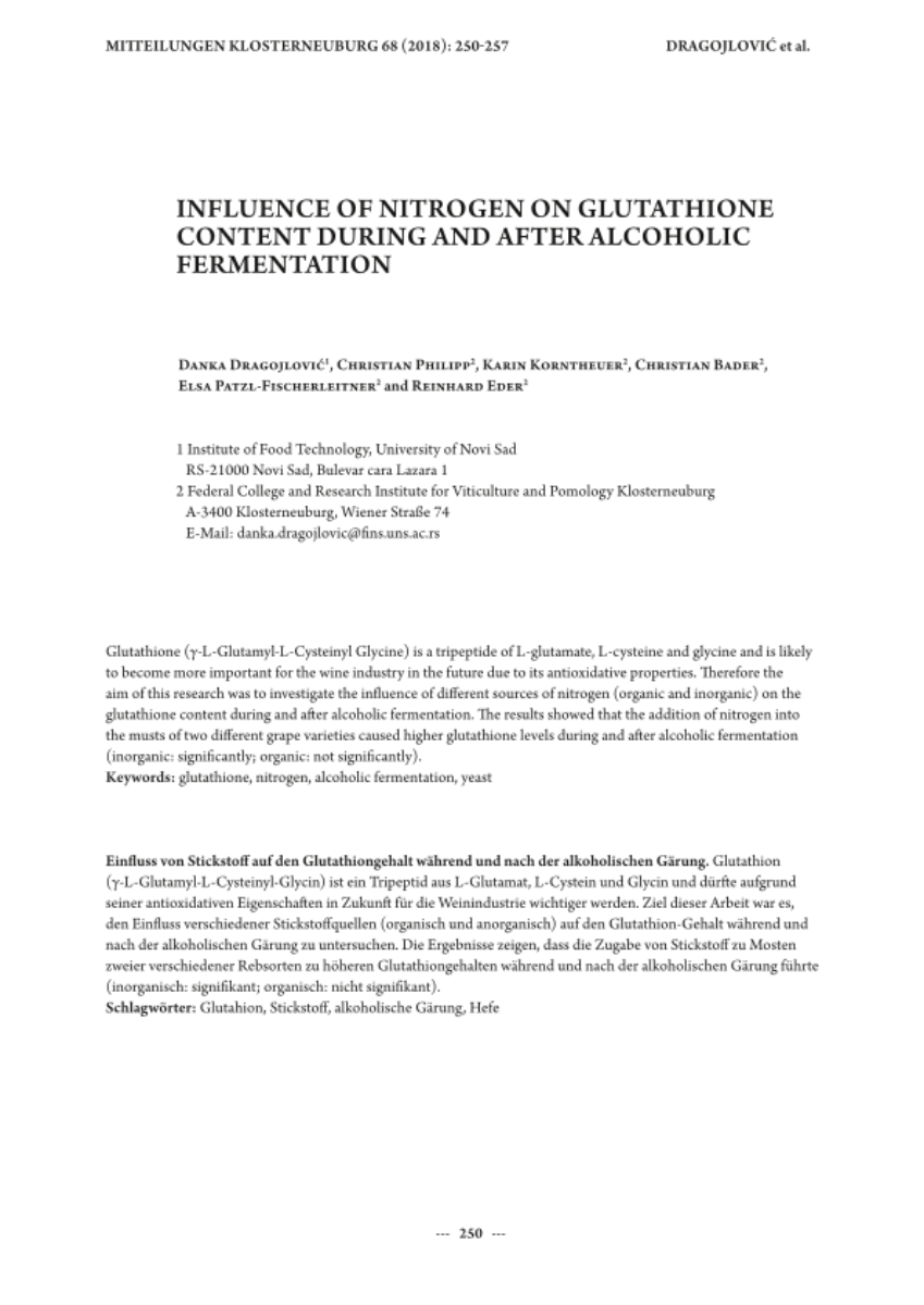 Influence of nitrogen on glutathione content during and after alcoholic fermentation