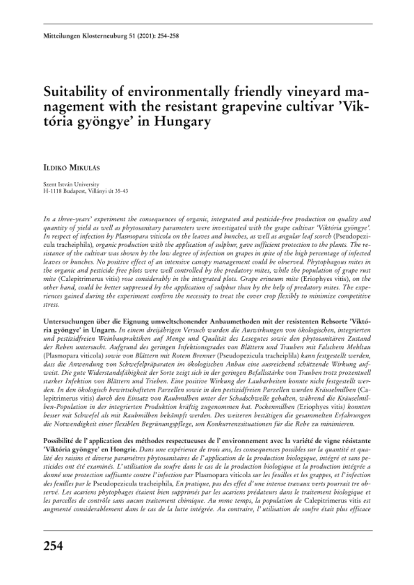 Suitability of environmentally friendly vineyard management with the resistant grapevine cultivar „Viktoria gyöngye“ in Hungary