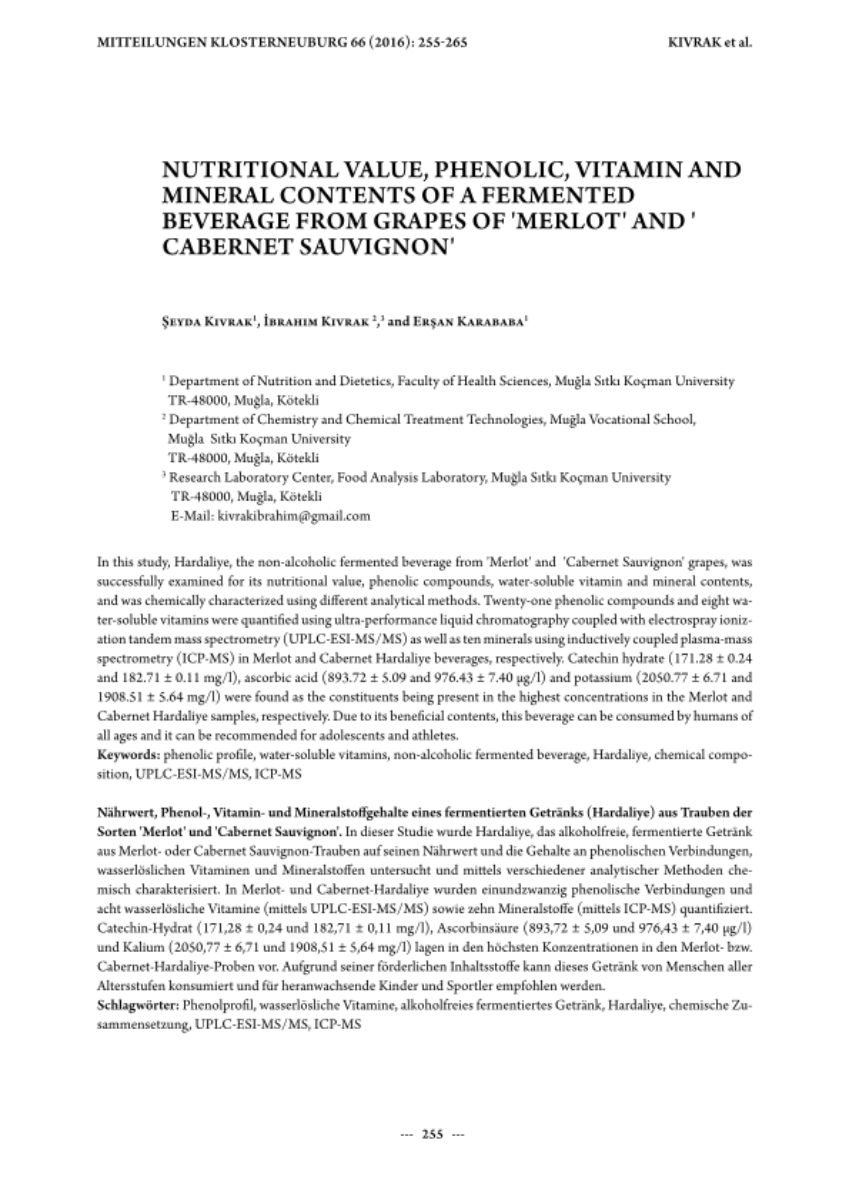 Nutritional value, phenolic, vitamin and mineral contents of a fermented  beverage from grapes of 'Merlot' and ' Cabernet Sauvignon'