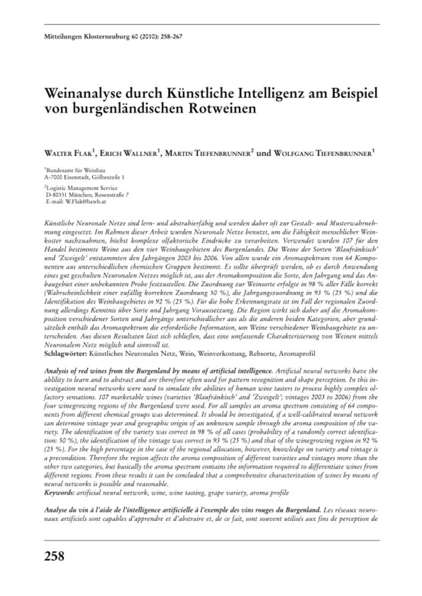 Weinanalyse durch Künstliche Intelligenz am Beispiel von burgenländischen Rotweinen