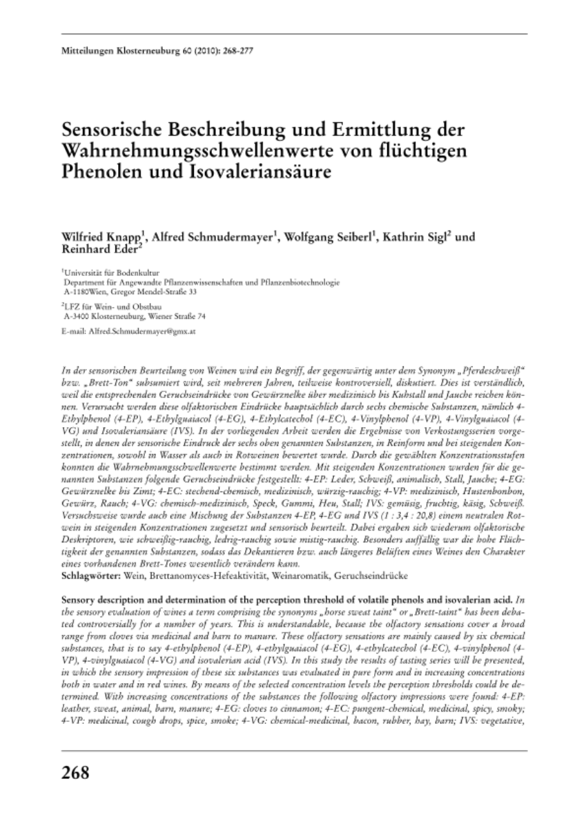 Sensorische Beschreibung und Ermittlung der Wahrnehmungsschwellenwerte von flüchtigen Phenolen und Isovaleriansäure