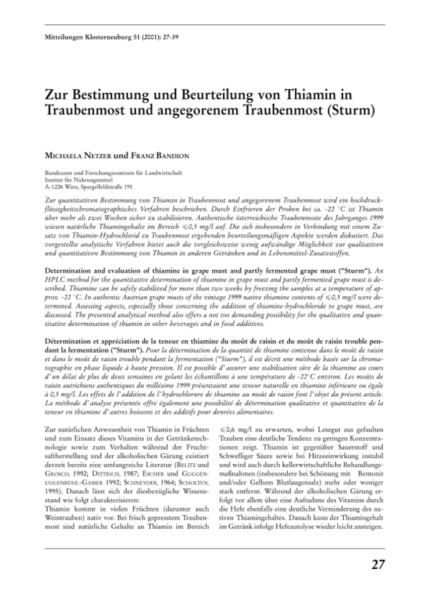 Zur Bestimmung und Beurteilung von Thiamin in Traubenmost und angegorenem Traubenmost (Sturm)