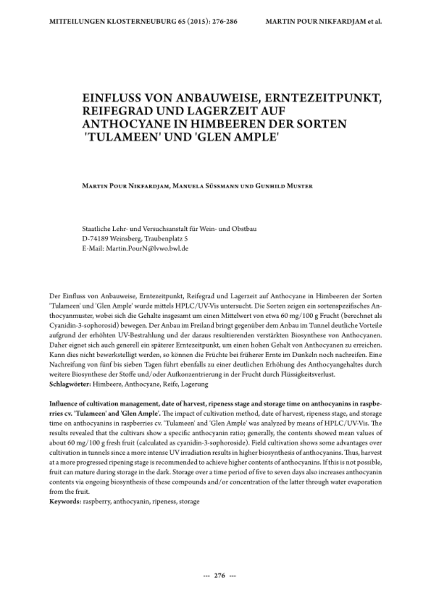 Einfluss von Anbauweise, Erntezeitpunkt, Reifegrad und Lagerzeit auf Anthocyane in Himbeeren der Sorten.'Tulameen' und 'Glen Ample'