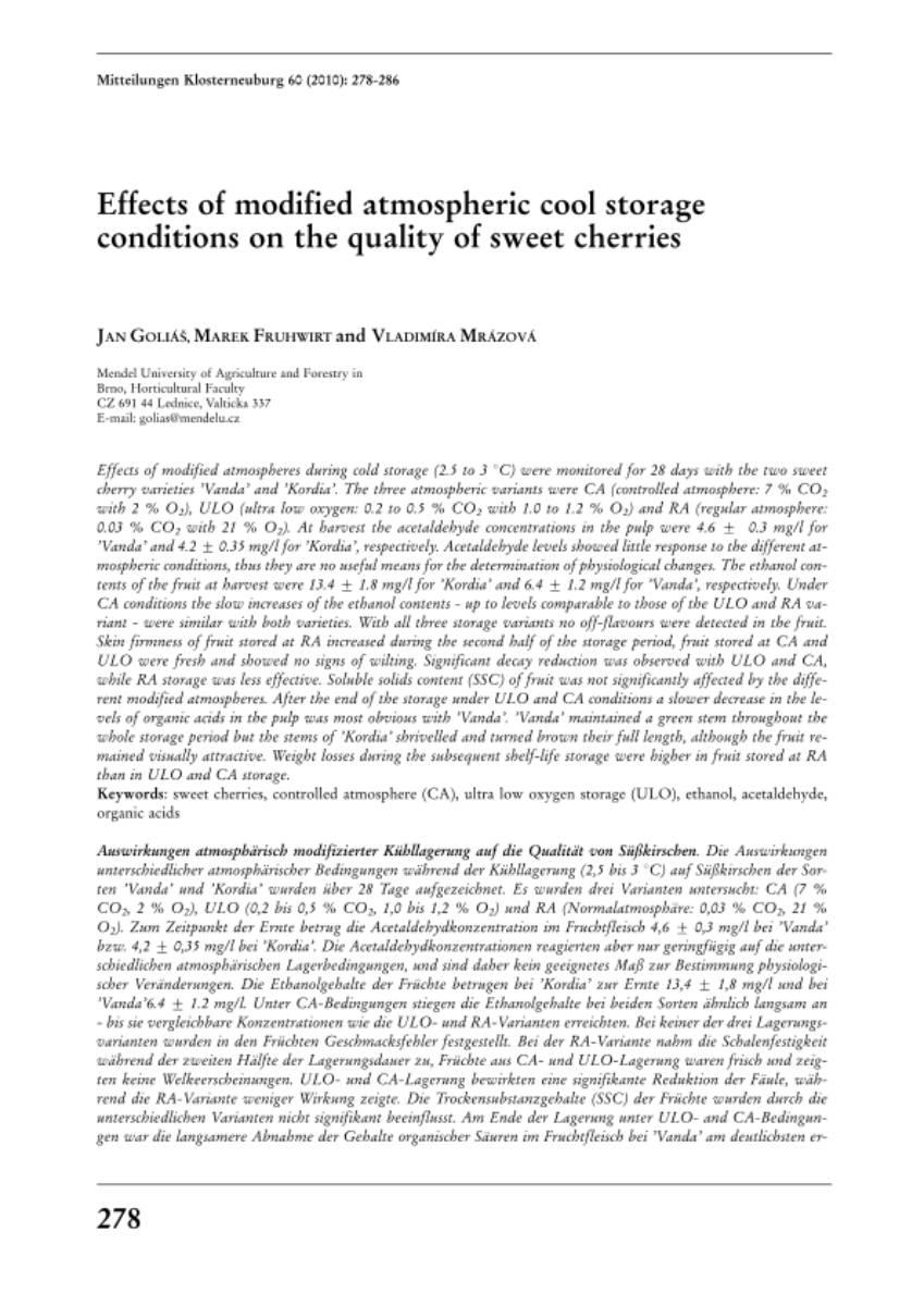 Effects of modified atmospheric cool storage conditions on the quality of sweet cherries