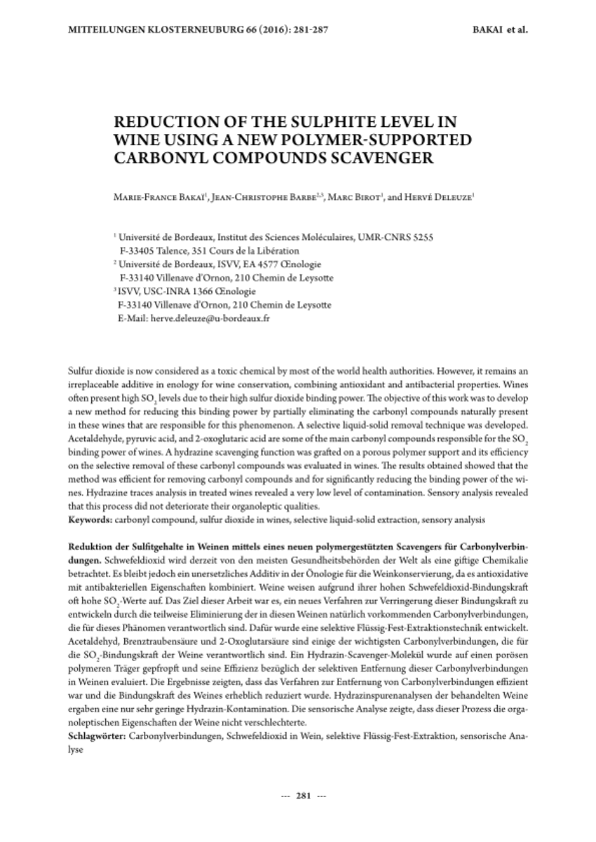 Reduction of the sulphite level in wine using a new polymer-supported carbonyl compounds scavenger