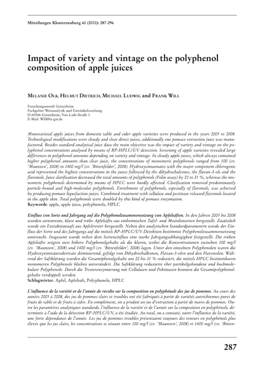 Impact of variety and vintage on the polyphenol composition of apple juices