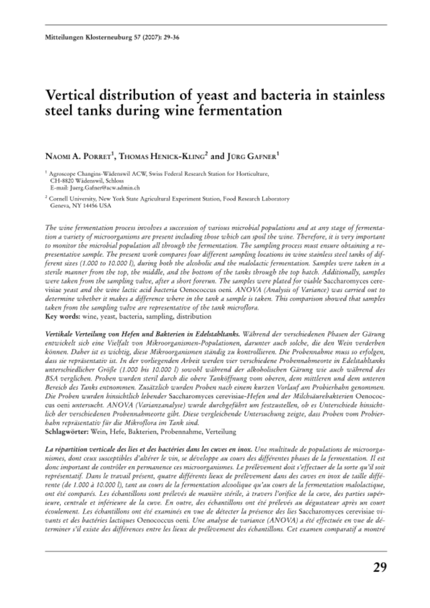 Vertical distribution of yeast and bacteria in stainless steel tanks during wine fermentation