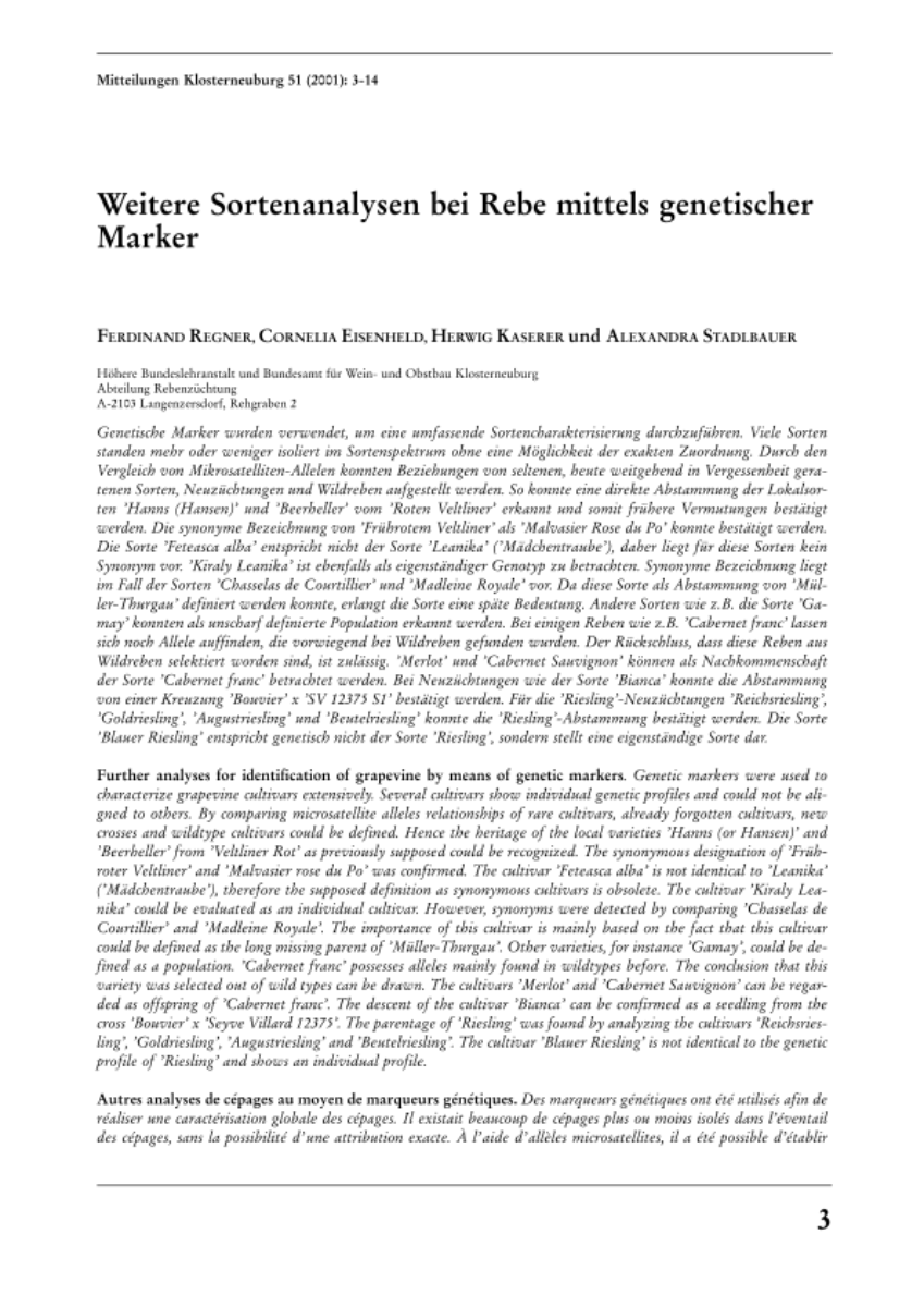 Weitere Sortenanalysen bei Rebe mittels genetischer Marker