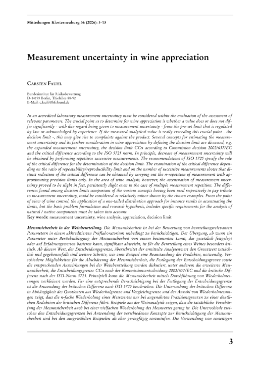 Measurement uncertainty in wine appreciation